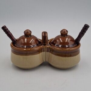 Vintage Stoneware Double Condiment Server Brown Tan Glaze Lidded Caddy w/ Spoons